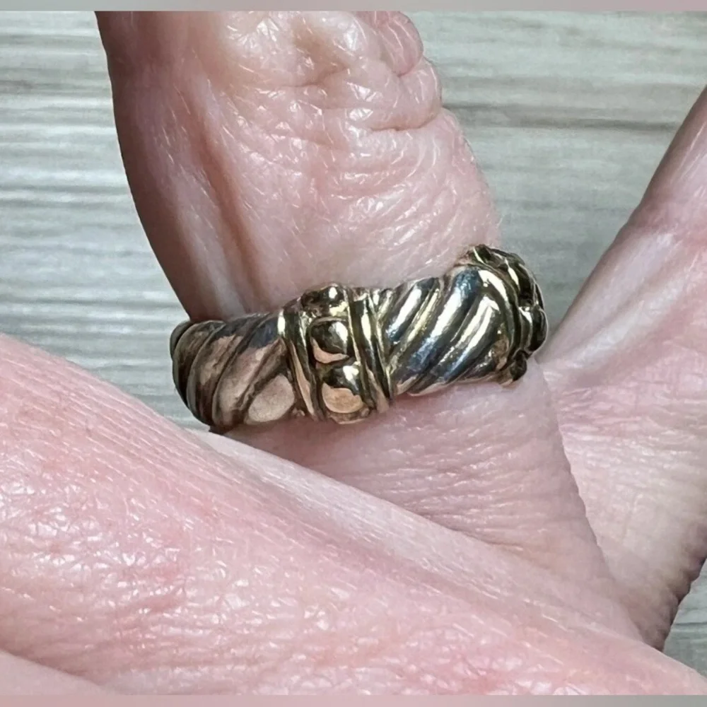 Designer Signed Sterling Silver & 10K Yellow Gold Dotted Cable Ring, Size 6.5
